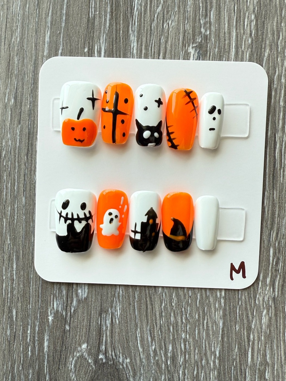 Spooky Halloween Press-On Nails — Orange & White Ghost Designs